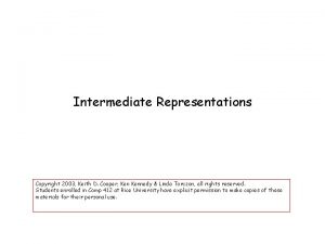 Intermediate Representations Copyright 2003 Keith D Cooper Kennedy