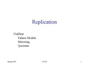 Replication Outline Failure Models Mirroring Quorums Spring 2003