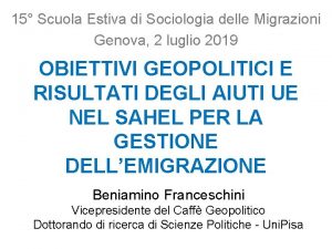 15 Scuola Estiva di Sociologia delle Migrazioni Genova