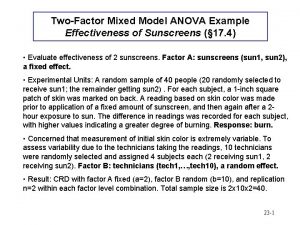 TwoFactor Mixed Model ANOVA Example Effectiveness of Sunscreens