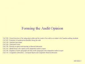 Forming the Audit Opinion CAS 200 Overall objectives