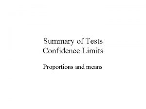 Summary of Tests Confidence Limits Proportions and means