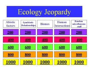 Ecology Jeopardy Biomes Human Interactions Random miscellaneous stuff