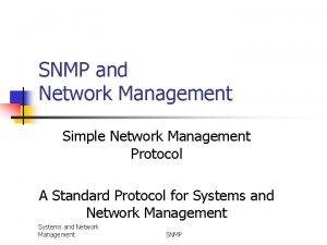 SNMP and Network Management Simple Network Management Protocol