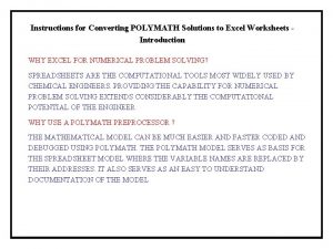 Instructions for Converting POLYMATH Solutions to Excel Worksheets