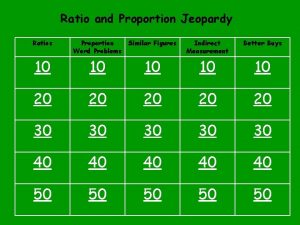 Ratio and Proportion Jeopardy Ratios Proportion Similar Figures