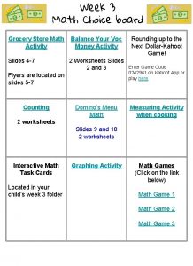 Week 3 Math Choice board Grocery Store Math