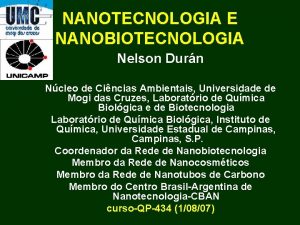 NANOTECNOLOGIA E NANOBIOTECNOLOGIA Nelson Durn Ncleo de Cincias