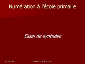 Numration lcole primaire Essai de synthse ARF NT
