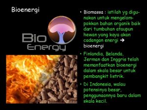 Bioenergi Biomassa istilah yg digunakan untuk mengelompokkan bahan