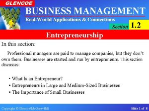 GLENCOE BUSINESS MANAGEMENT RealWorld Applications Connections Section 1