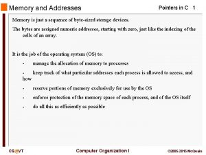 Memory and Addresses Pointers in C 1 Memory