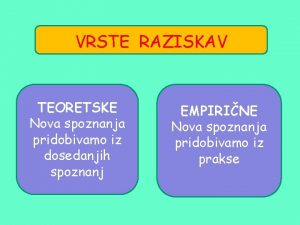 VRSTE RAZISKAV TEORETSKE Nova spoznanja pridobivamo iz dosedanjih