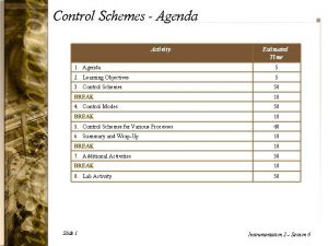 Control Schemes Agenda Activity Estimated Time 1 Agenda