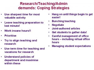 ResearchTeachingAdmin demands Coping Strategies Use sharpest time for