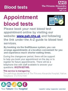 Blood tests Appointment blood tests Please book your