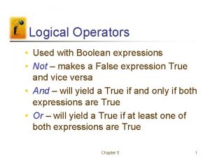 Logical Operators Used with Boolean expressions Not makes