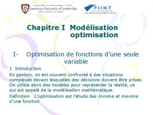 Chapitre I Modlisation optimisation I Optimisation de fonctions