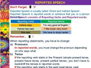 REPORTED SPEECH Dont Forget Reported Speech is usually