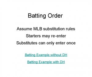 Batting Order Assume MLB substitution rules Starters may