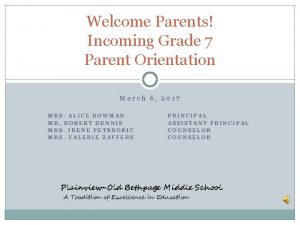 Welcome Parents Incoming Grade 7 Parent Orientation March