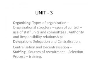 UNIT 3 Organising Types of organization Organizational structure