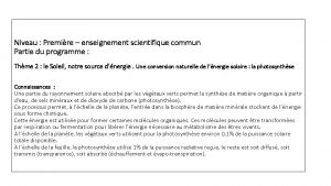 Niveau Premire enseignement scientifique commun Partie du programme