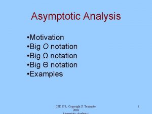 Asymptotic Analysis Motivation Big O notation Big notation
