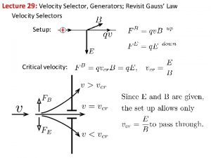 Lecture 29 Velocity Selector Generators Revisit Gauss Law