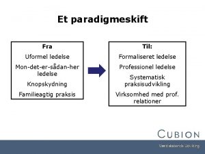 Et paradigmeskift Fra Til Uformel ledelse Formaliseret ledelse