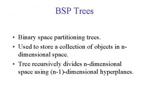 BSP Trees Binary space partitioning trees Used to