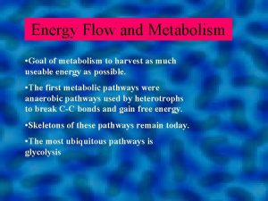 Energy Flow and Metabolism Goal of metabolism to