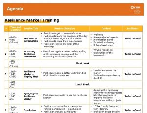 Agenda Resilience Marker Training Time and Duration Session