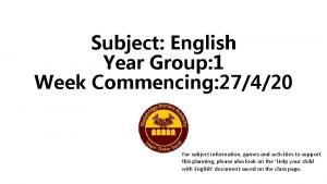 Subject English Year Group 1 Week Commencing 27420