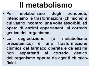 Il metabolismo Per metabolismo degli xenobioti intendiamo le