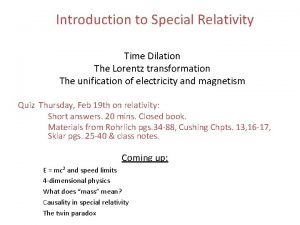 Introduction to Special Relativity Time Dilation The Lorentz