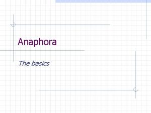 Anaphora The basics Keywords Cohesion Anaphora Anaphor Antecedent