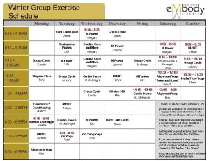 Winter Group Exercise Schedule Monday Tuesday Wednesday Thursday