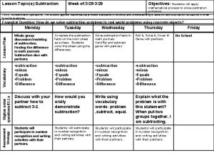 Lesson Topics Subtraction Week of 325 329 Objectives