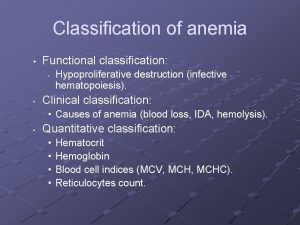 Classification of anemia Functional classification Hypoproliferative destruction infective