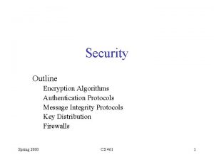 Security Outline Encryption Algorithms Authentication Protocols Message Integrity