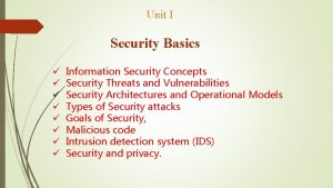 Unit I Security Basics Information Security Concepts Security