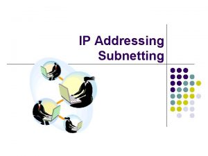 IP Addressing Subnetting Addressing l l Domain names
