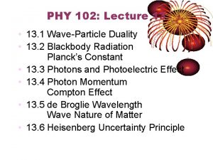 PHY 102 Lecture 13 13 1 WaveParticle Duality