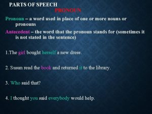 PARTS OF SPEECH PRONOUN Pronoun a word used