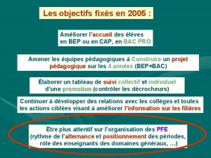 Les objectifs fixs en 2005 Amliorer laccueil des