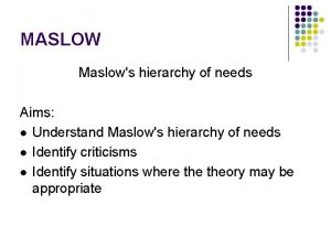 MASLOW Maslows hierarchy of needs Aims l Understand