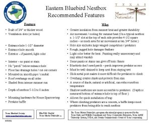 Eastern Bluebird Nestbox Recommended Features Feature Why Built
