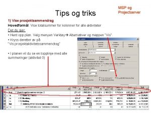 Tips og triks 1 Vise prosjektsammendrag Hovedforml Vise