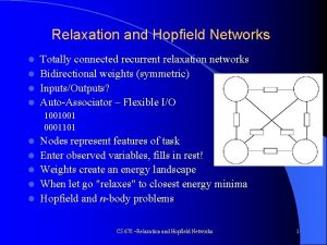 Relaxation and Hopfield Networks Totally connected recurrent relaxation